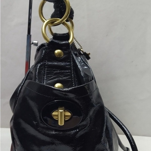 Coach Glossy Black Shoulder Bag HOBO drawstring with Gold Details.LEATHER. - Picture 5 of 14